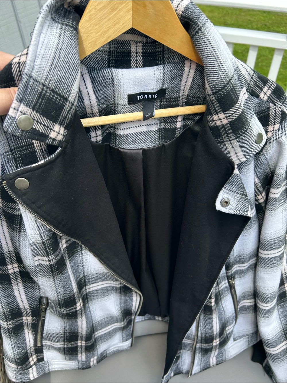 torrid Black and White Plaid Moto Jacket.  Plus Size
